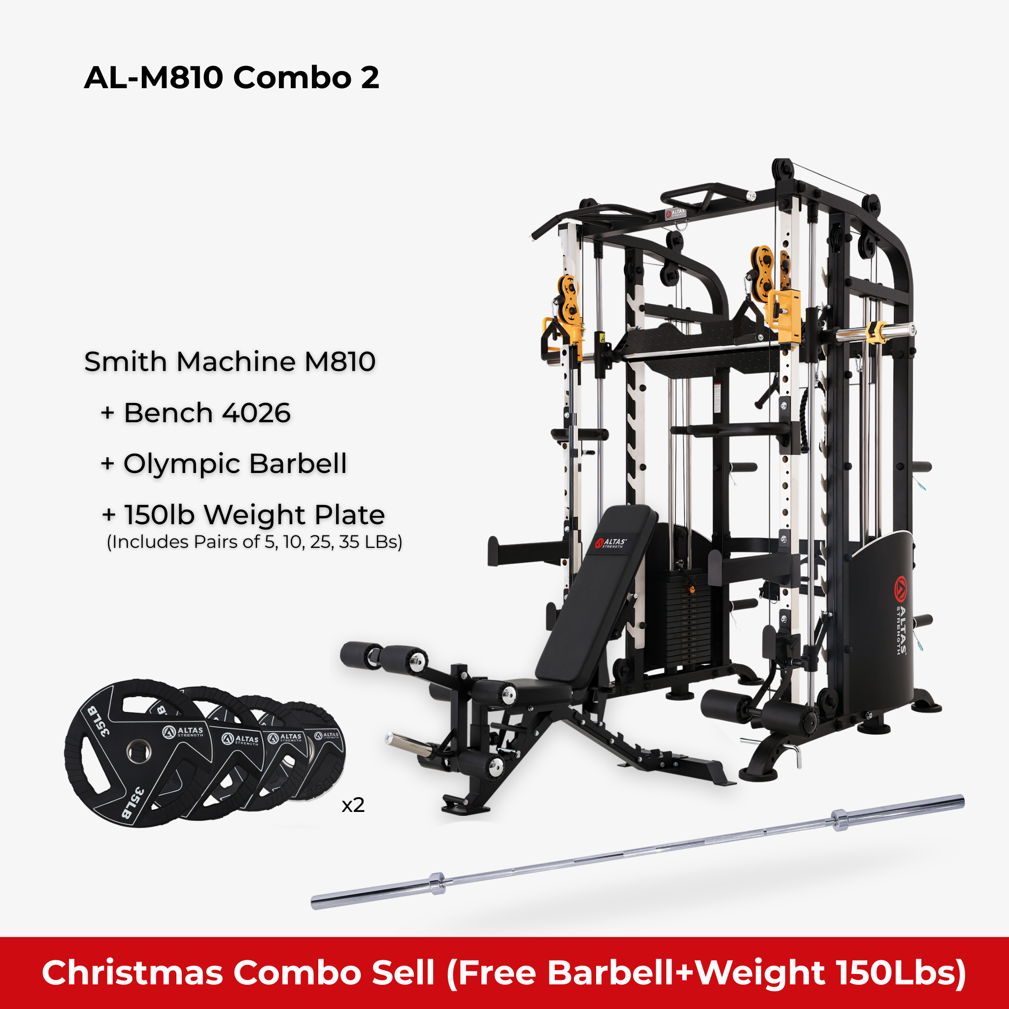 Christmas Combo - Smith Machine AL-M810 + Bench AL-4026 + Olympic Barbell + 150lb Weight Plate
