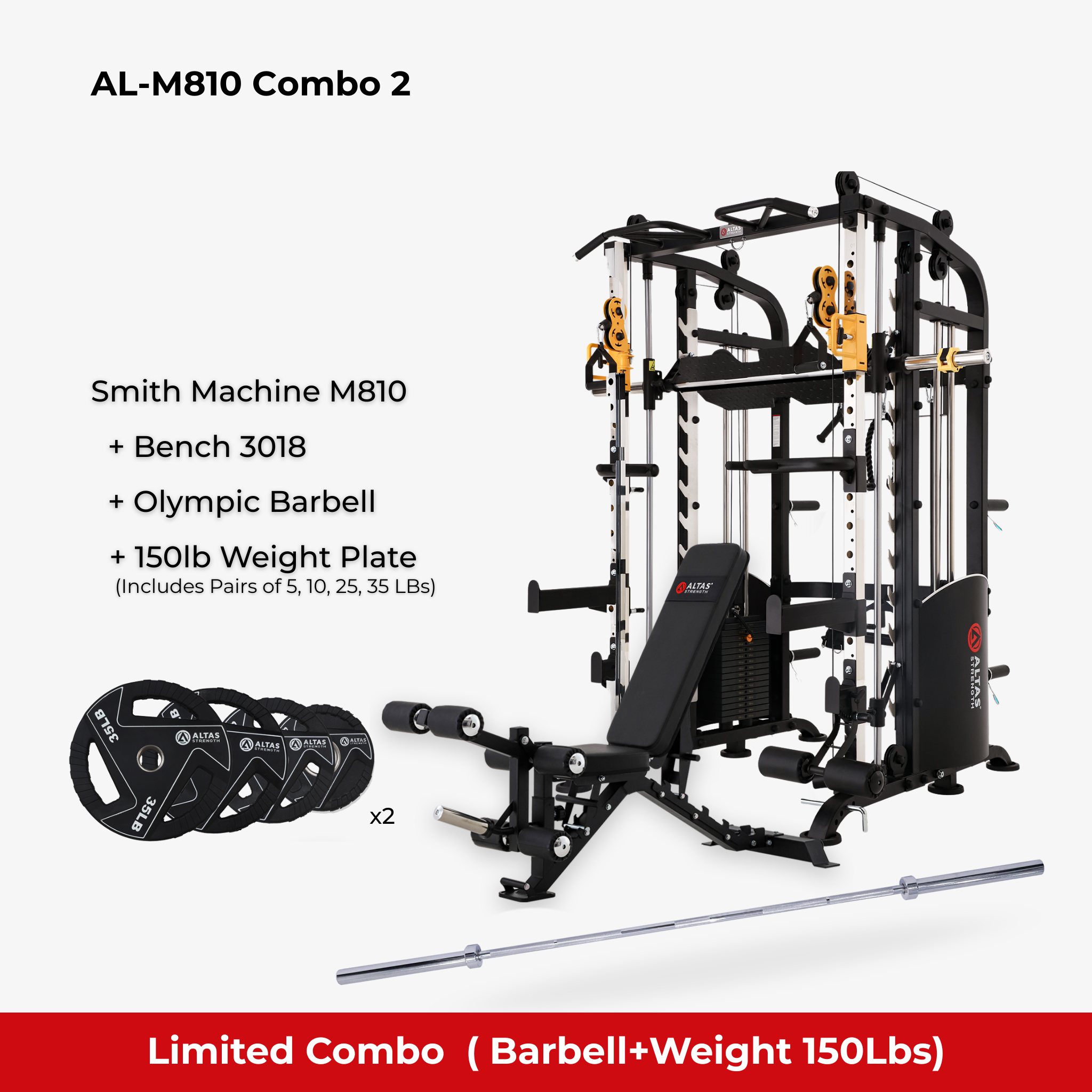 Combo - Smith Machine AL-M810 + Bench AL-4026 + Olympic Barbell + 150lb Weight Plate