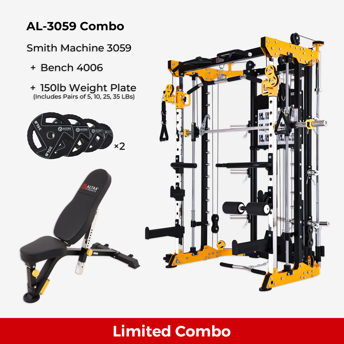 Combo - Smith Machine AL-3059 + Bench AL-4006 + 150lb Weight Plate