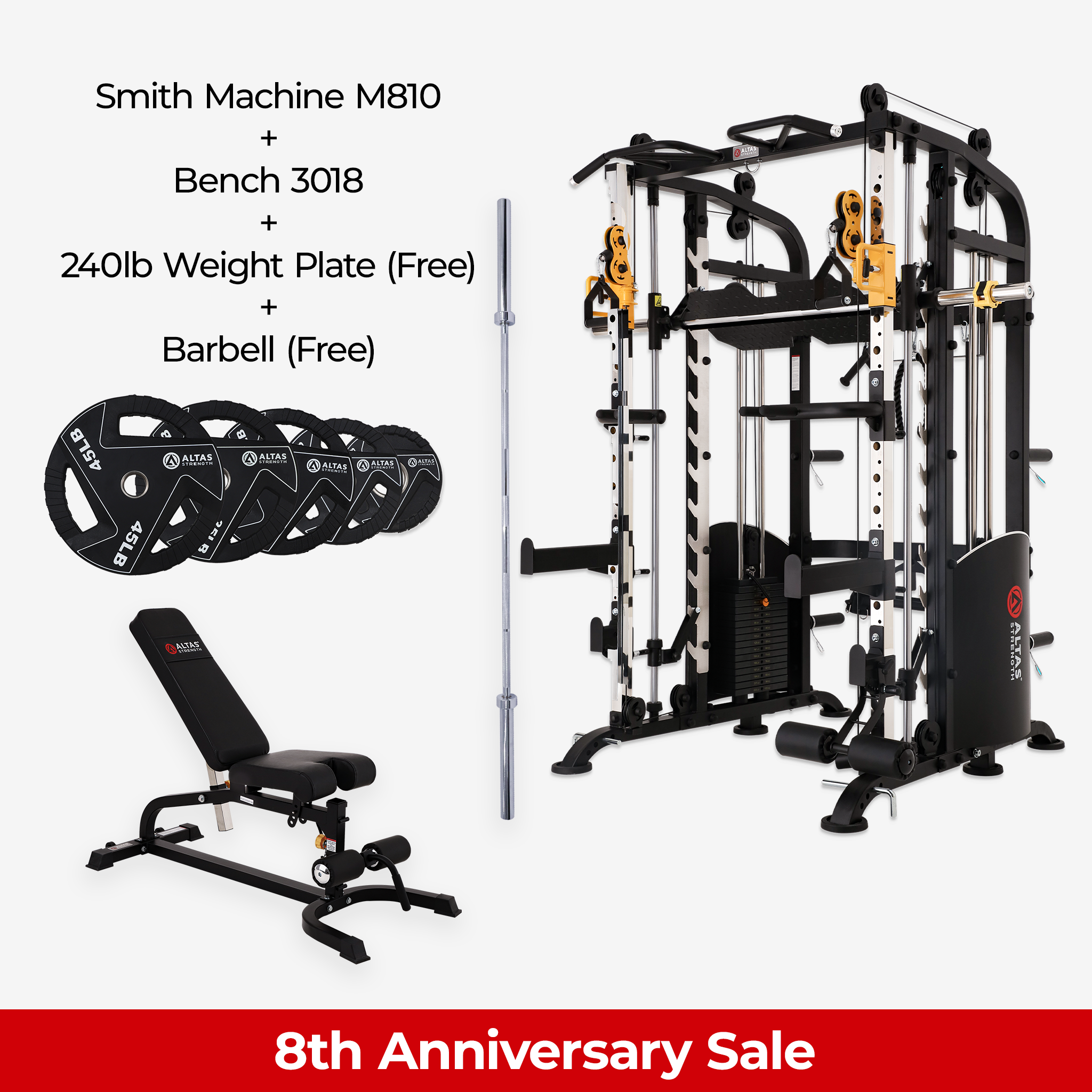 8th Anniversary Combo - Smith Machine AL-M810 + Bench AL-3018 + 240lb Weight Plates(Free) + Barbell (Free)