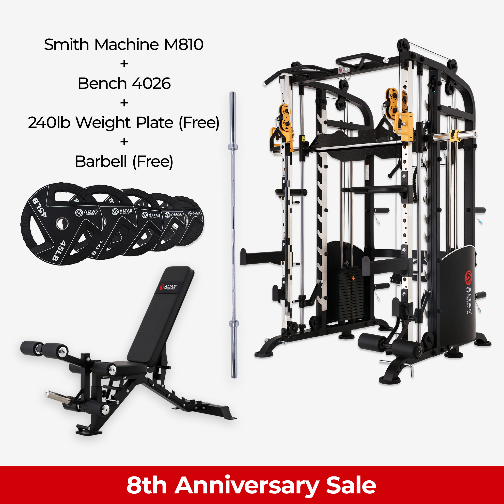 8th Anniversary Combo - Smith Machine AL-M810 + Bench AL-4026 + 240lb Weight Plates(Free) + Barbell (Free)